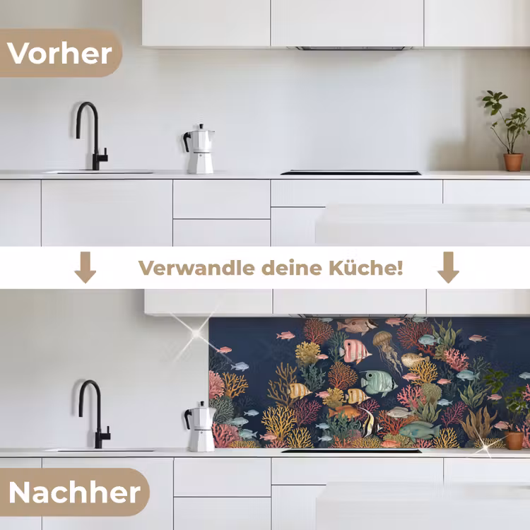 Onderwaterwereld - Vissen - Koraal - Illustratie - Kleurrijk keuken achterwand 2 middel -voor-na_DE