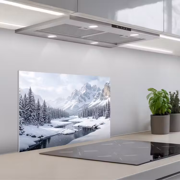 Sneeuwlandschap - Bergen - Rivier - Winter keuken achterwand spatscherm klein -3d_schuin