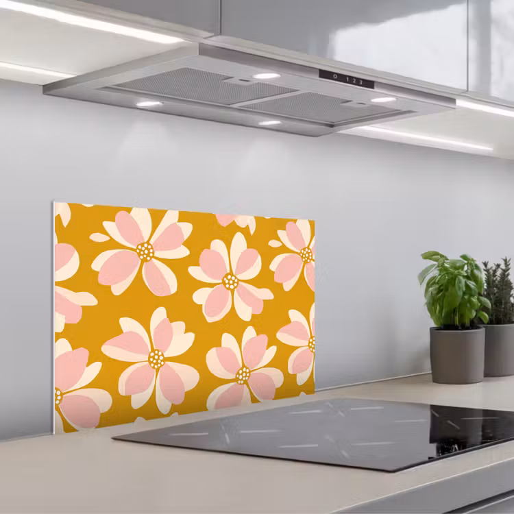 Vintage - Bloemen - Okergeel keuken achterwand spatscherm klein 900 -3d_schuin