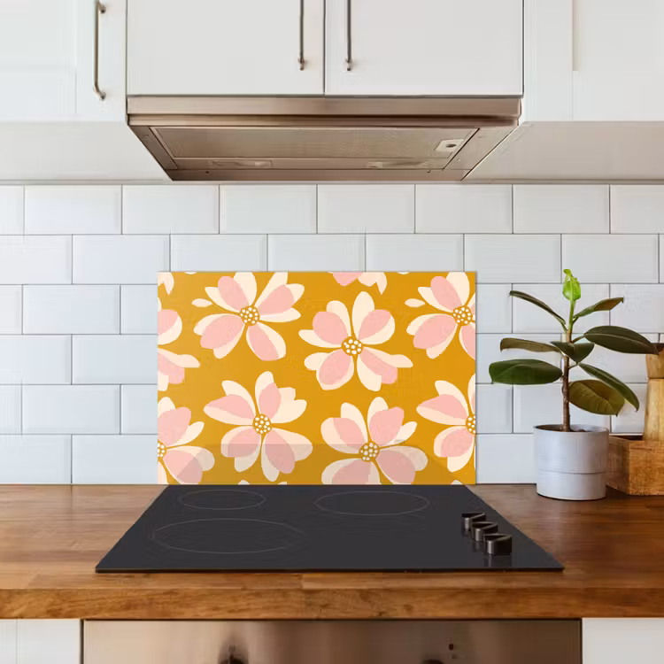 Vintage - Bloemen - Okergeel keuken achterwand spatscherm klein 900 -sfeer2