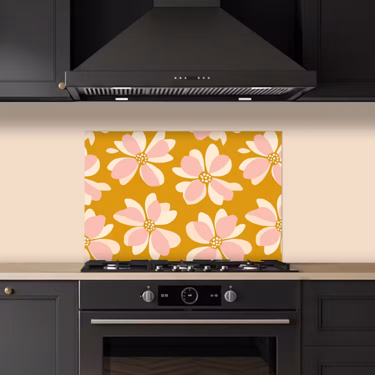 Vintage - Bloemen - Okergeel keuken achterwand spatscherm klein 900 -sfeer1