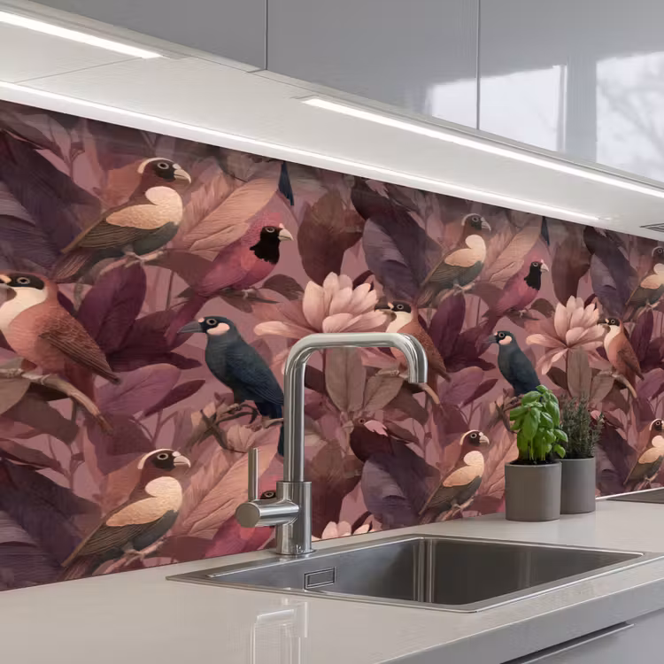 Vogels - Bladeren - Roze keuken achterwand 2 middel 871 -3d_schuin