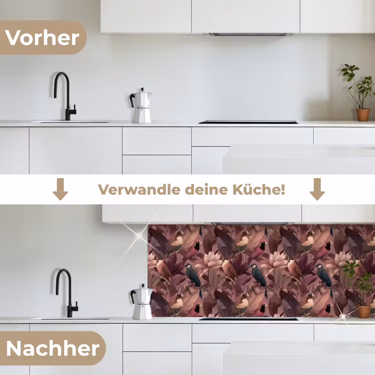 Vogels - Bladeren - Roze keuken achterwand 2 middel 871 -voor-na_DE