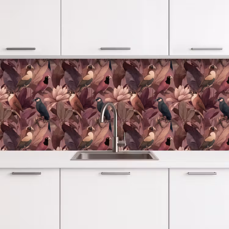 Vogels - Bladeren - Roze keuken achterwand 2 middel 871 -3d
