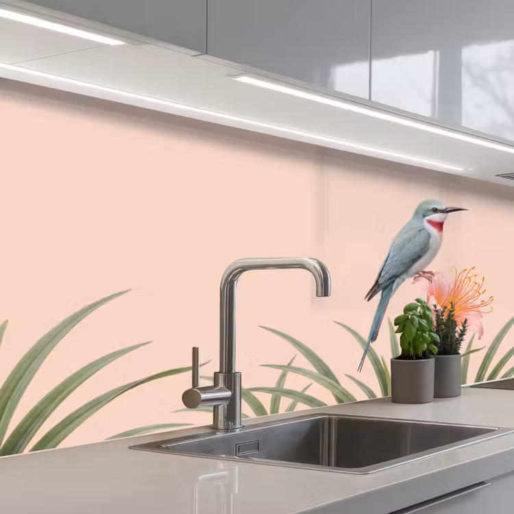 Vogel - Bloem - Natuur - Roze keuken achterwand 2 middel -3d_schuin