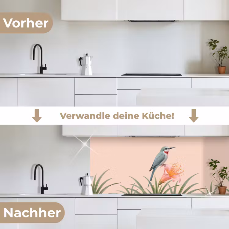 Vogel - Bloem - Natuur - Roze keuken achterwand 2 middel -voor-na_DE