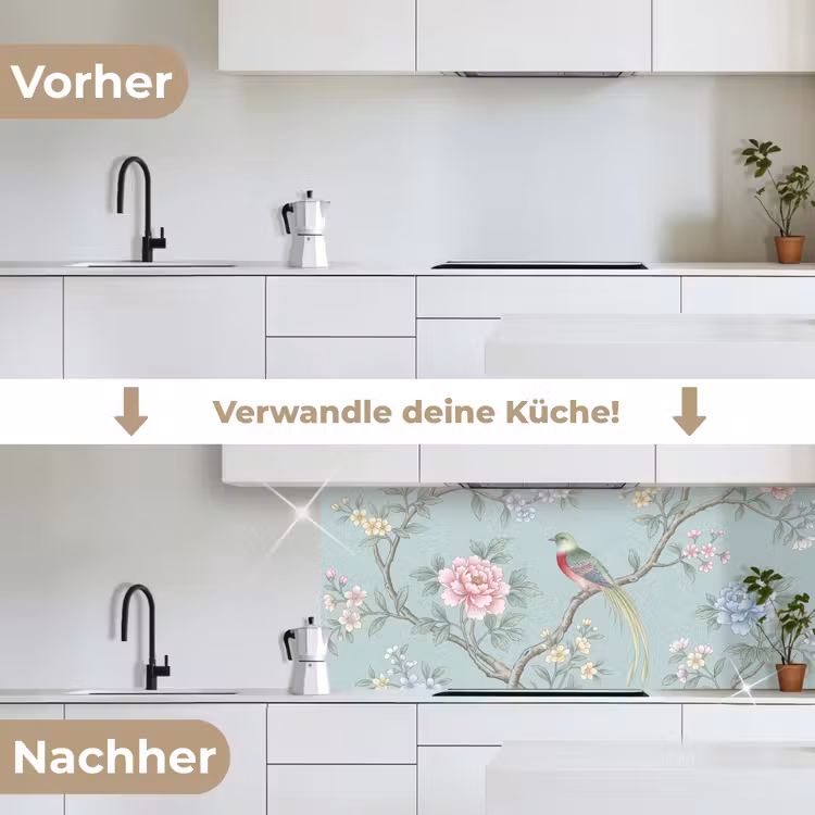 Vogel - Bloemen - Kleurrijk keuken achterwand 2 middel -voor-na_DE