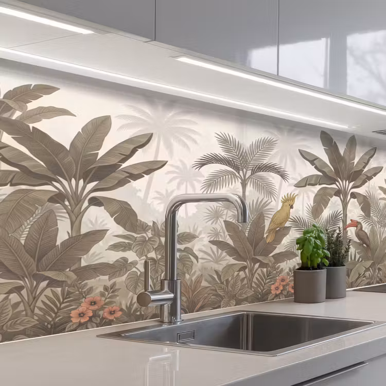 Vogel - Jungle - Tropisch - Illustratie - Groen keuken achterwand 2 middel -3d_schuin