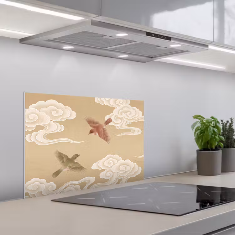 Vogels - Vliegen - Beige keuken achterwand spatscherm klein -3d_schuin