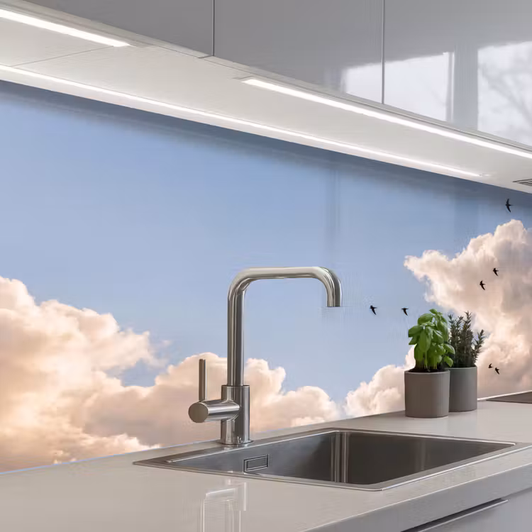 Vogel - Vlucht - Wolken - Natuur - Blauw keuken achterwand 2 middel -3d_schuin