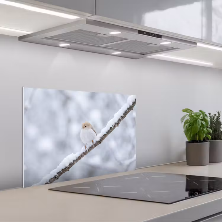 Vogeltje - Sneeuw - Tak - Winter - Zacht keuken achterwand spatscherm klein -3d_schuin