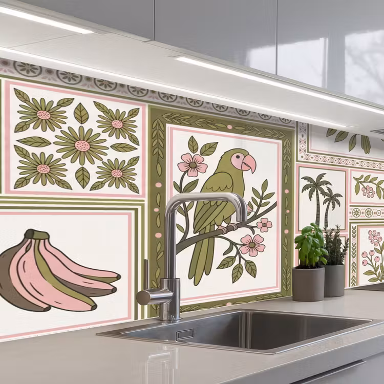 Vogel - Tropisch - Patroon - Decoratief - Groen keuken achterwand 2 middel -3d_schuin