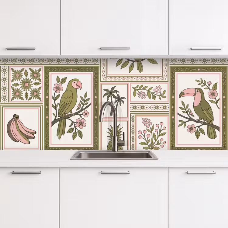 Vogel - Tropisch - Patroon - Decoratief - Groen keuken achterwand 2 middel -3d