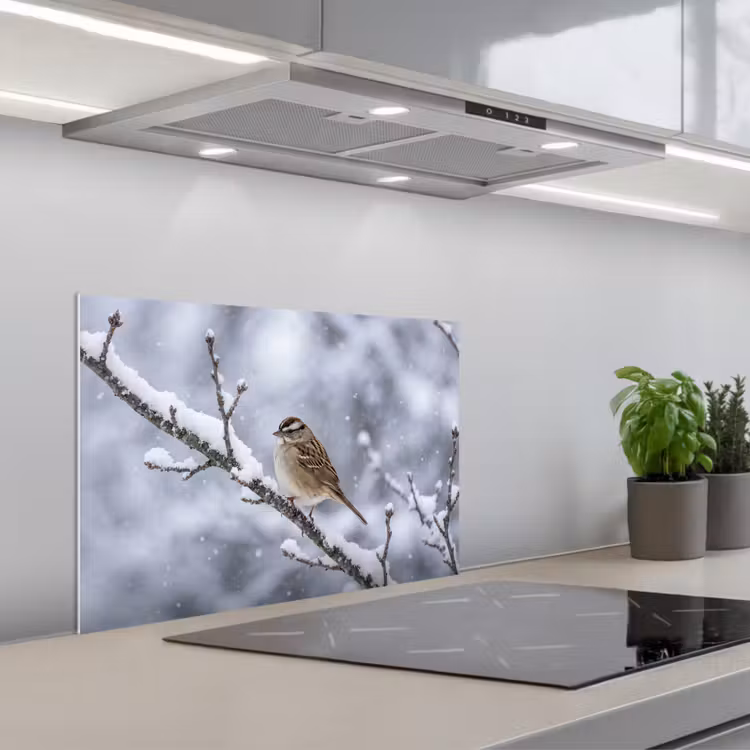 Vogel - Tak - Sneeuw - Winter keuken achterwand spatscherm klein -3d_schuin