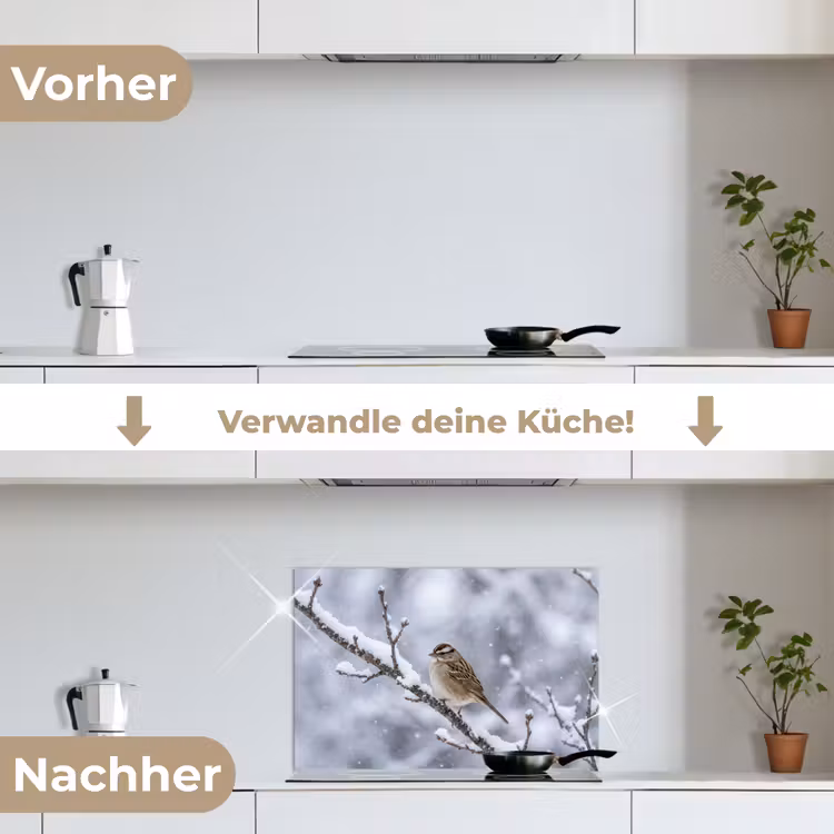 Vogel - Tak - Sneeuw - Winter keuken achterwand spatscherm klein -voor_na_DE