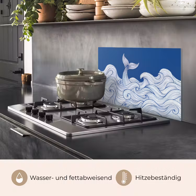 Walvis - Staart - Golven - Lijntekening - Blauw keuken achterwand spatscherm klein -usp_DE
