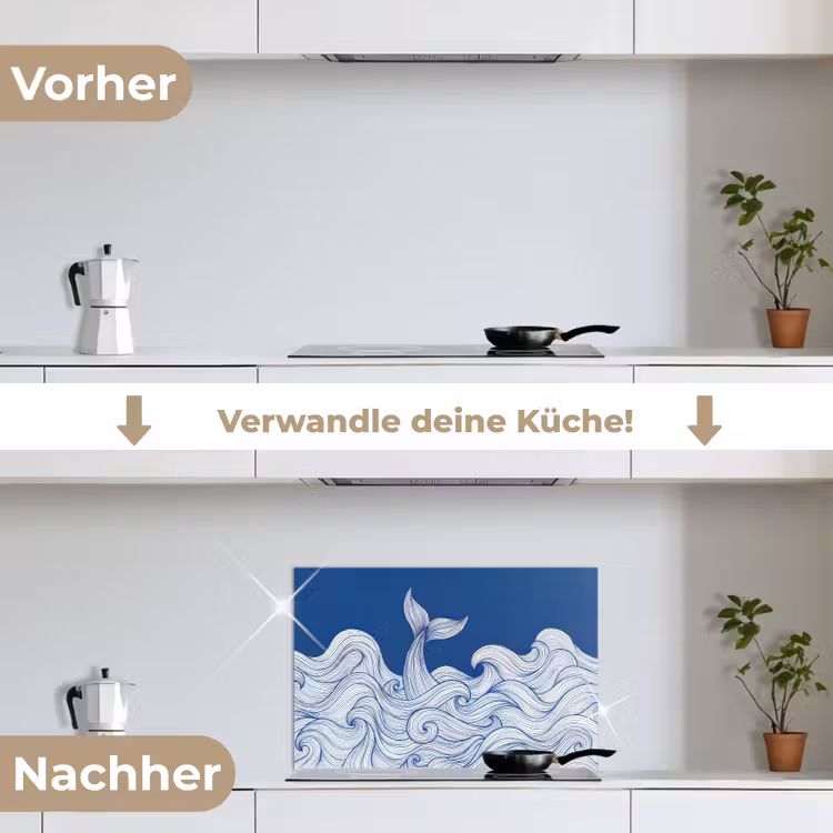 Walvis - Staart - Golven - Lijntekening - Blauw keuken achterwand spatscherm klein -voor_na_DE