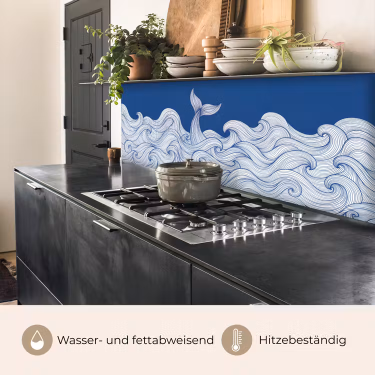 Walvis - Staart - Golven - Lijntekening - Blauw keuken achterwand 2 middel -usp_DE
