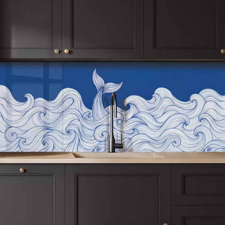Walvis - Staart - Golven - Lijntekening - Blauw keuken achterwand 2 middel -sfeer1