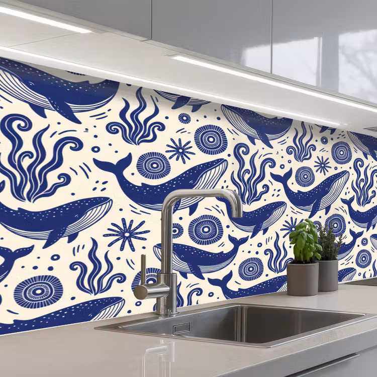 Walvis - Onderwater - Dieren - Abstract - Blauw keuken achterwand 2 middel -3d_schuin