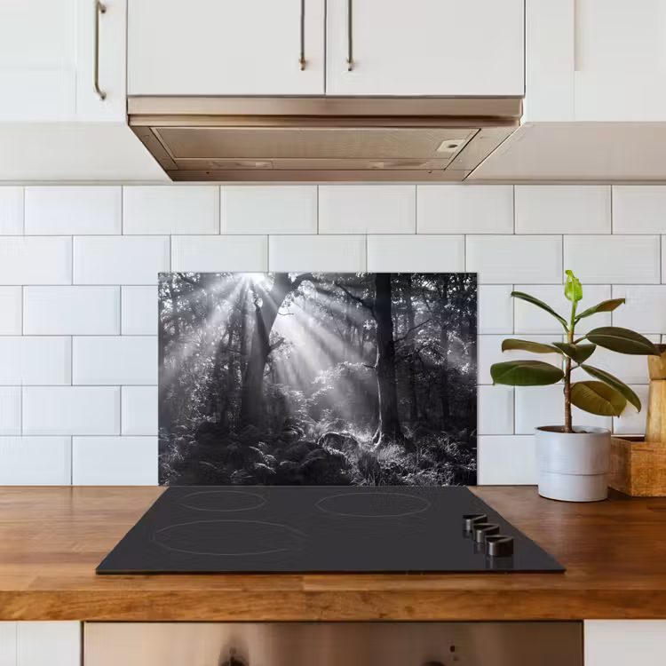 Bos - Lichtstralen - Natuur - Zwart-wit keuken achterwand spatscherm klein -sfeer2