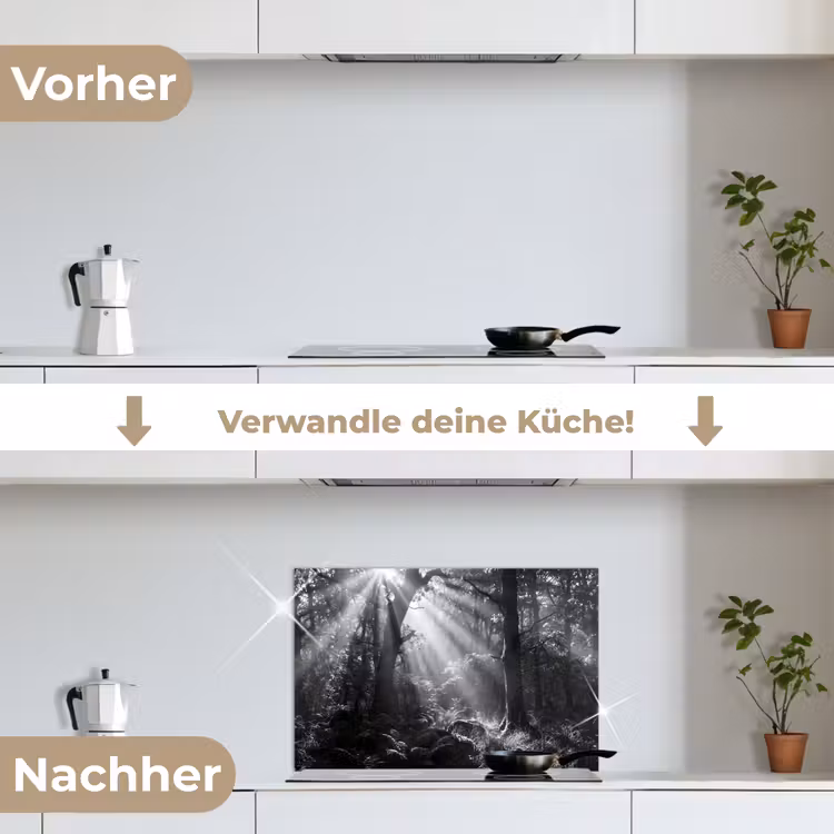 Bos - Lichtstralen - Natuur - Zwart-wit keuken achterwand spatscherm klein -voor_na_DE
