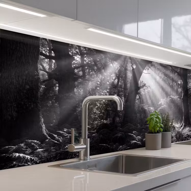 Bos - Lichtstralen - Natuur - Zwart-wit keuken achterwand 2 middel -3d_schuin