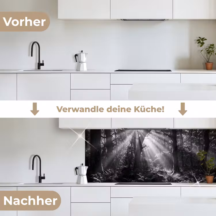 Bos - Lichtstralen - Natuur - Zwart-wit keuken achterwand 2 middel -voor-na_DE