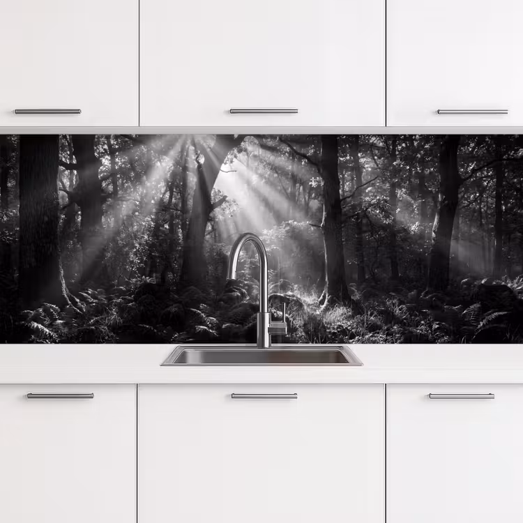 Bos - Lichtstralen - Natuur - Zwart-wit keuken achterwand 2 middel -3d