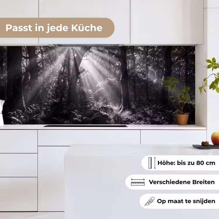Bos - Lichtstralen - Natuur - Zwart-wit keuken achterwand 2 middel -sfeer4_DE
