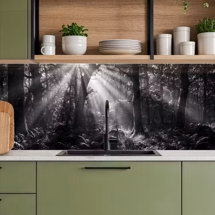 Bos - Lichtstralen - Natuur - Zwart-wit keuken achterwand 2 middel -sfeer3