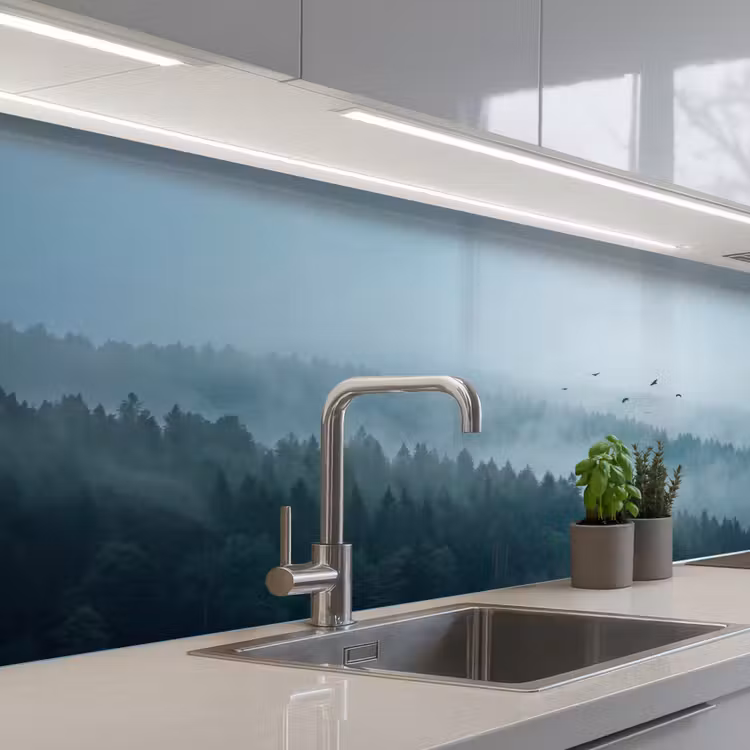 Bos - Mist - Vogels - Natuur - Groen keuken achterwand 2 middel -3d_schuin