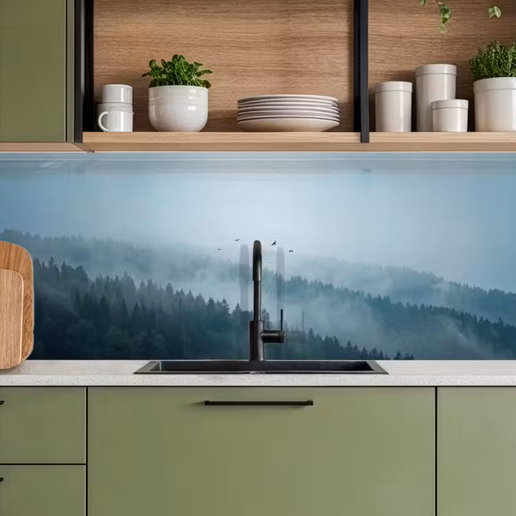 Bos - Mist - Vogels - Natuur - Groen keuken achterwand 2 middel -sfeer3