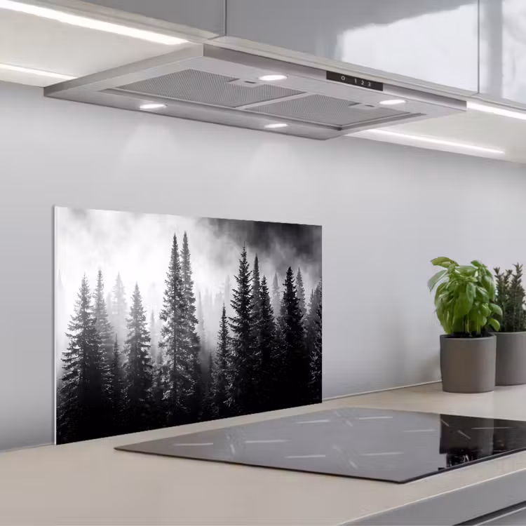 Bos - Mist - Winter - Monochroom - Natuur keuken achterwand spatscherm klein -3d_schuin