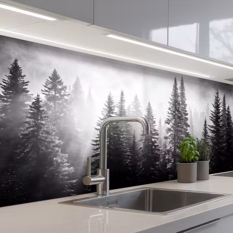 Bos - Mist - Winter - Monochroom - Natuur keuken achterwand 2 middel -3d_schuin