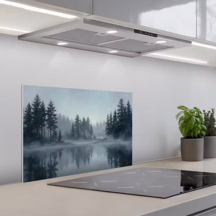 Bos - Meer - Mist - Natuur - Grijs keuken achterwand spatscherm klein -3d_schuin