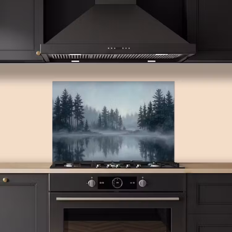 Bos - Meer - Mist - Natuur - Grijs keuken achterwand spatscherm klein -sfeer1