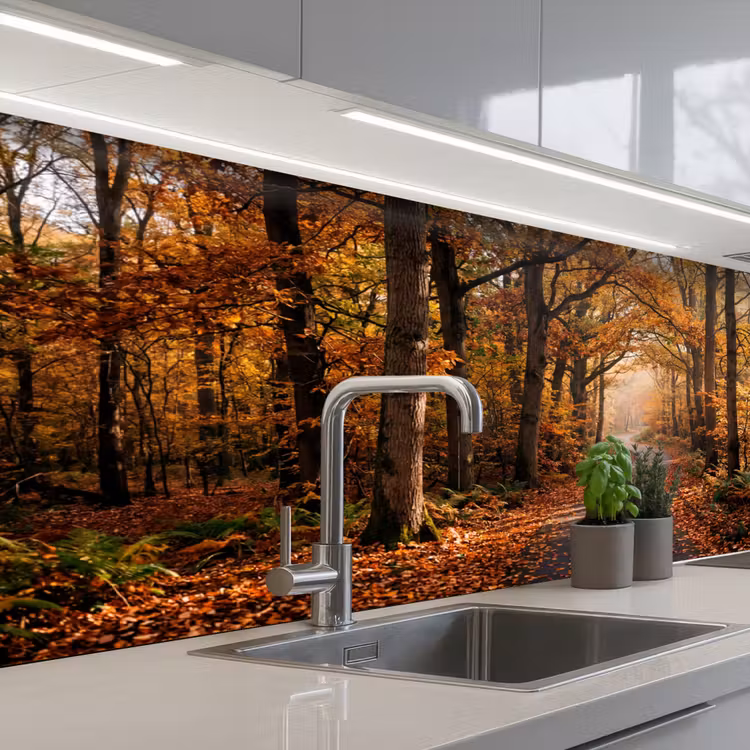 Bospad - Herfstbos - Bladeren - Oranje - Nostalgisch keuken achterwand 2 middel -3d_schuin