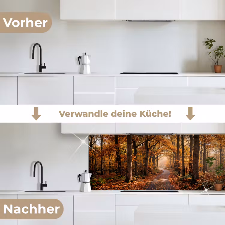 Bospad - Herfstbos - Bladeren - Oranje - Nostalgisch keuken achterwand 2 middel -voor-na_DE