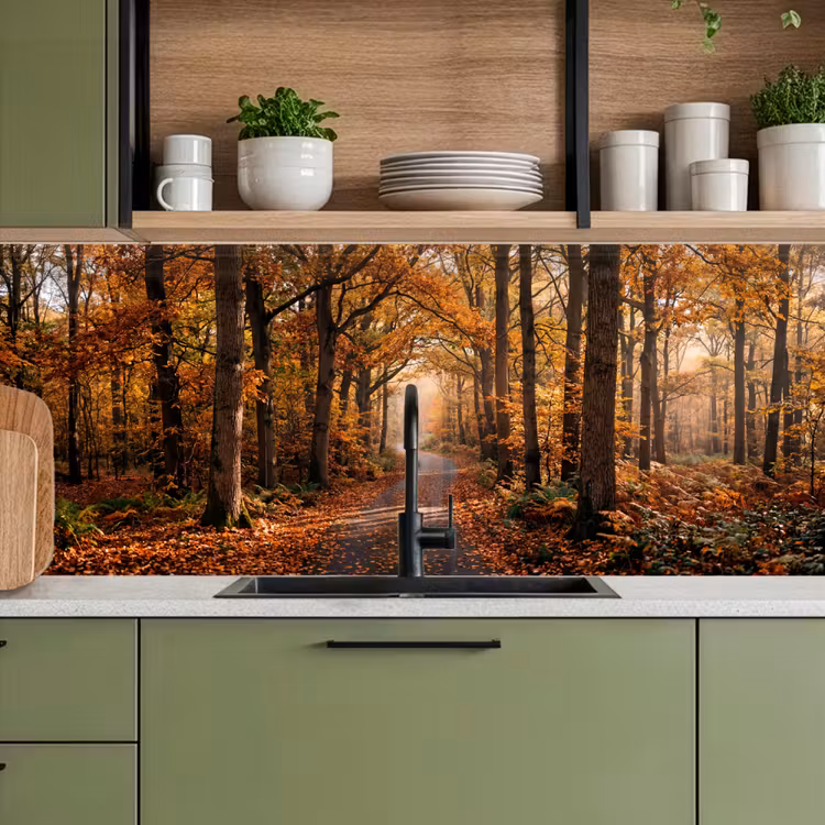 Bospad - Herfstbos - Bladeren - Oranje - Nostalgisch keuken achterwand 2 middel -sfeer3