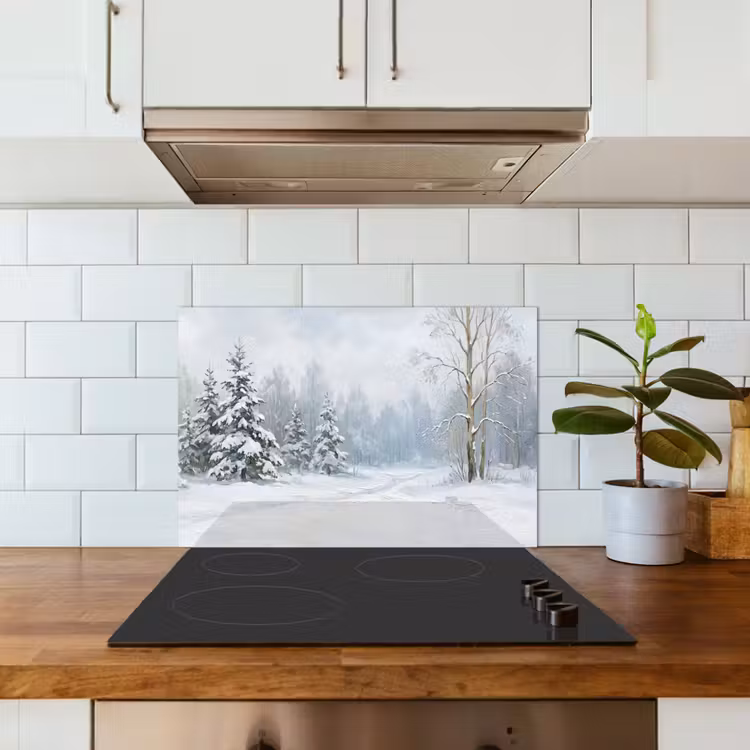 Bospad - Dennen - Sneeuw - Winter - Rustgevend keuken achterwand spatscherm klein -sfeer2