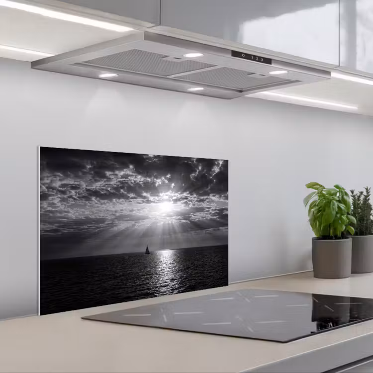 Water - Boot - Lucht - Natuur - Zwart-wit keuken achterwand spatscherm klein -3d_schuin