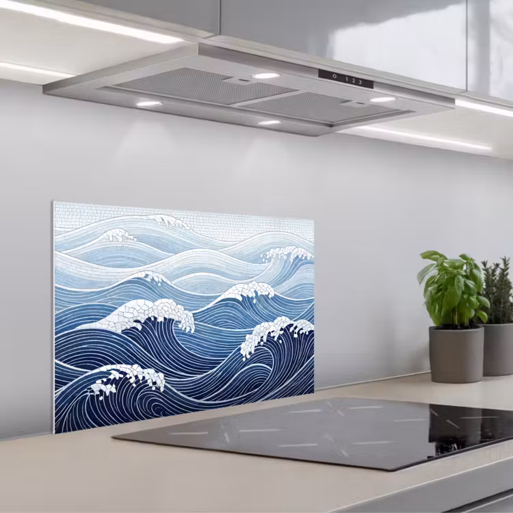 Water - Mozaïek - Landschap - Modern - Blauw keuken achterwand spatscherm klein -3d_schuin