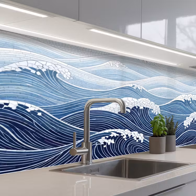 Water - Mozaïek - Landschap - Modern - Blauw keuken achterwand 2 middel -3d_schuin