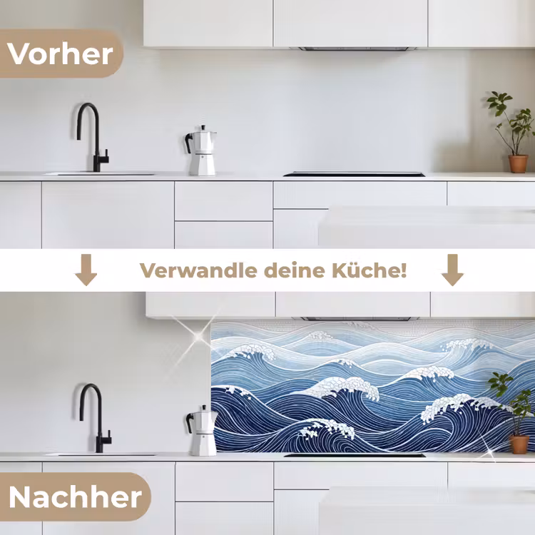 Water - Mozaïek - Landschap - Modern - Blauw keuken achterwand 2 middel -voor-na_DE