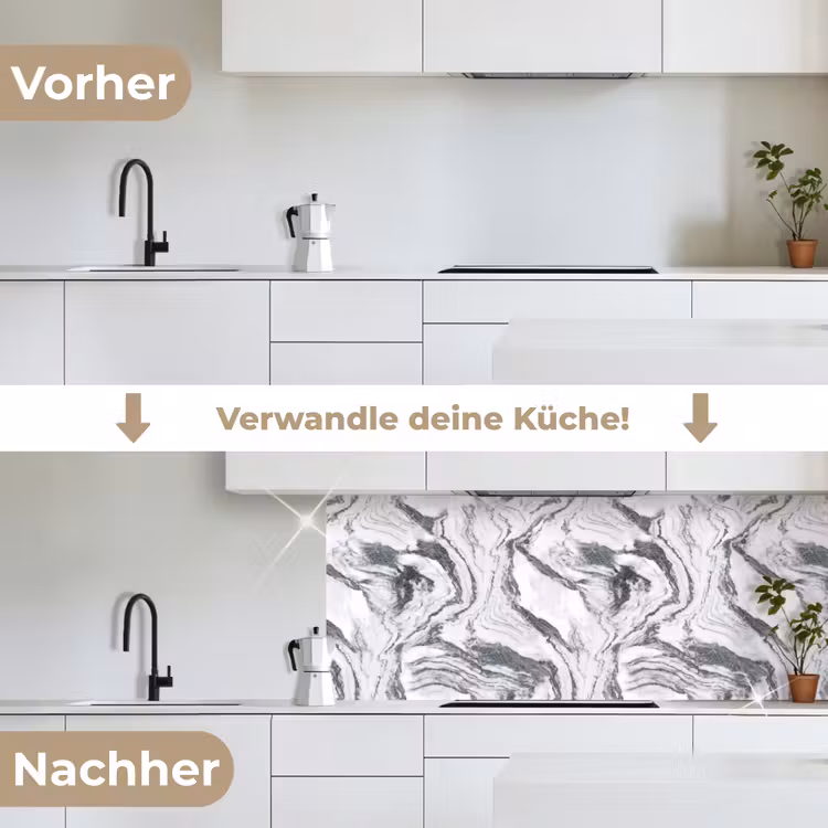 Wit - Marmer - Golvend - Grafiet keuken achterwand 2 middel 871 -voor-na_DE