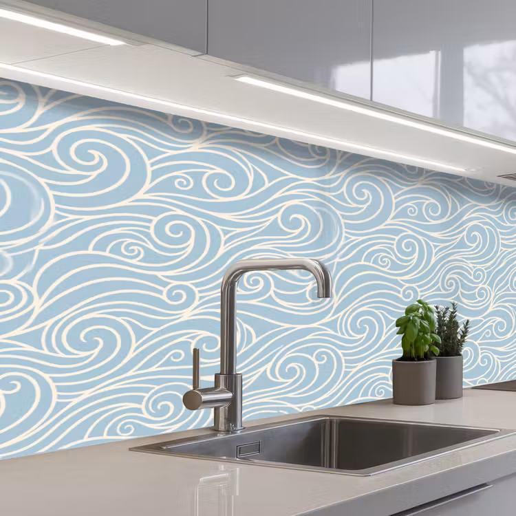Golf - Abstract - Natuur - Modern - Blauw keuken achterwand 2 middel -3d_schuin