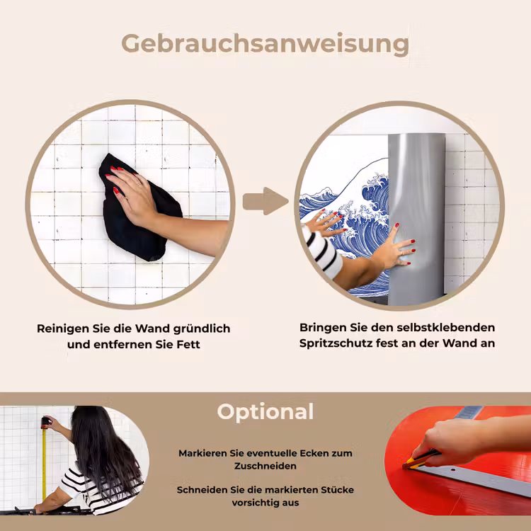 Golf - Japans - Zee - Illustratie - Blauw keuken achterwand spatscherm klein -gebruiksaanwijzing_DE