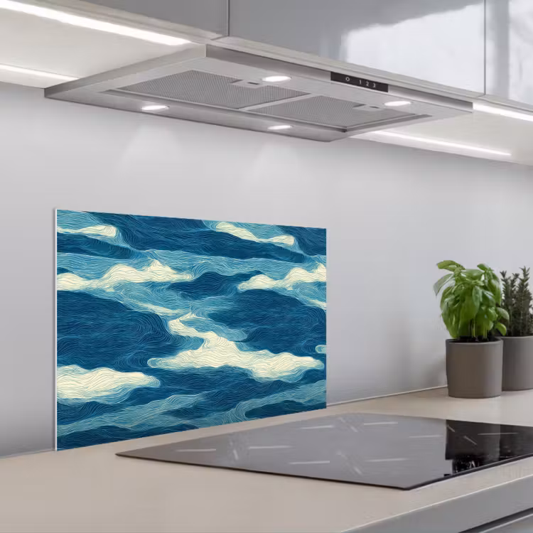 Golven - Abstract - Patroon - Blauw - Wit keuken achterwand spatscherm klein 900 -3d_schuin