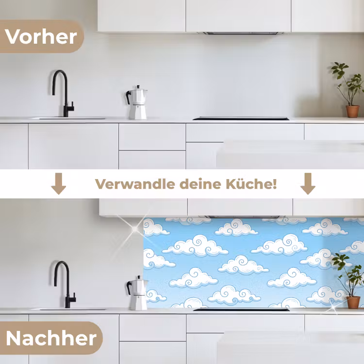 Wolk - Lucht - Cartoon - Blauw - Wit keuken achterwand 2 middel -voor-na_DE
